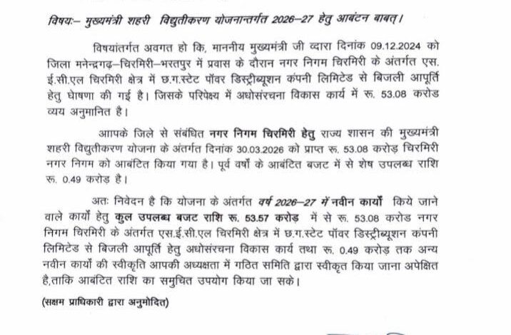 चिरमिरी को मिलेगी ‘रोशनी की आज़ादी’ — 75 साल बाद पहली बार पहुंचेगी शहर के सभी वार्डो में सरकारी बिजली…. चिरमिरी को मिलेगी ‘रोशनी की आज़ादी’ — 75 साल बाद पहली बार पहुंचेगी शहर के सभी वार्डो में सरकारी बिजली….