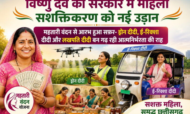 विष्णु देव की सरकार में महिला सशक्तिकरण को नई उड़ान, महतारी वंदन से आरभ हुआ सफ़र- ड्रोन दीदी, ई-रिक्शा दीदी और लखपति दीदी बन गढ़ रही आत्मनिर्भरता की राह…