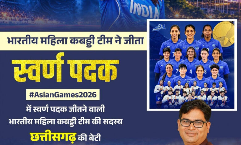 एशियन गेम्स में छत्तीसगढ़ की बेटी संजू देवी का स्वर्णिम परचम, भारतीय महिला कबड्डी टीम ने बढ़ाया देश का मान, स्वर्ण पदक विजेता टीम की सदस्य संजू देवी को वित्त मंत्री ओपी चौधरी ने दी बधाई….